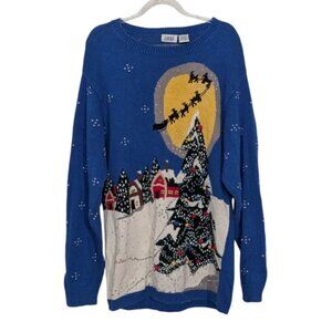 Lucia Christmas Sweater Womens Size Large Blue Snowy Night Sleigh Holiday Knit